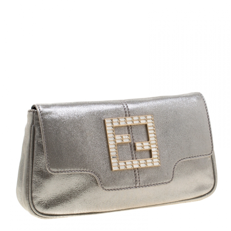 Pre Owned Fendi Silver Metallic Crystal Logo Leather Flap Clutch