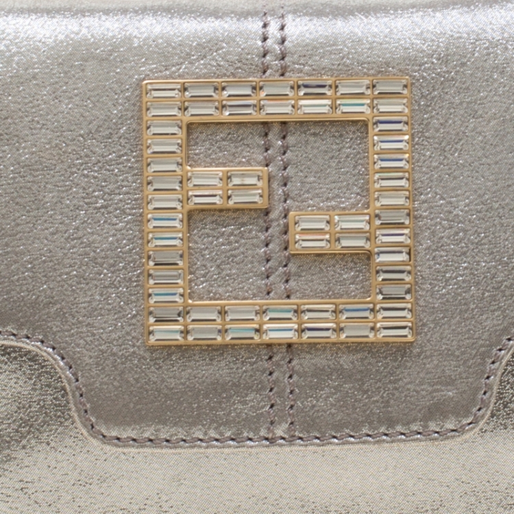 Pre Owned Fendi Silver Metallic Crystal Logo Leather Flap Clutch