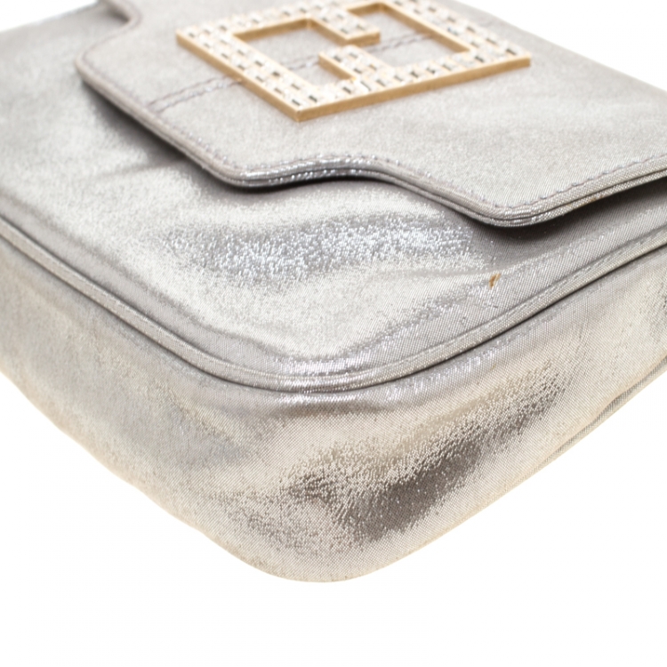 Pre Owned Fendi Silver Metallic Crystal Logo Leather Flap Clutch