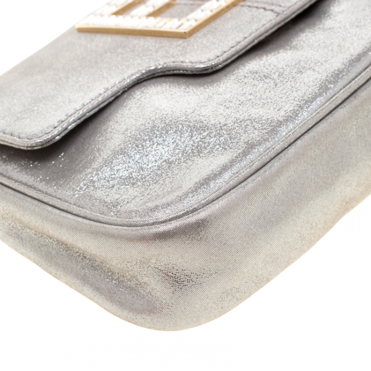 Pre Owned Fendi Silver Metallic Crystal Logo Leather Flap Clutch