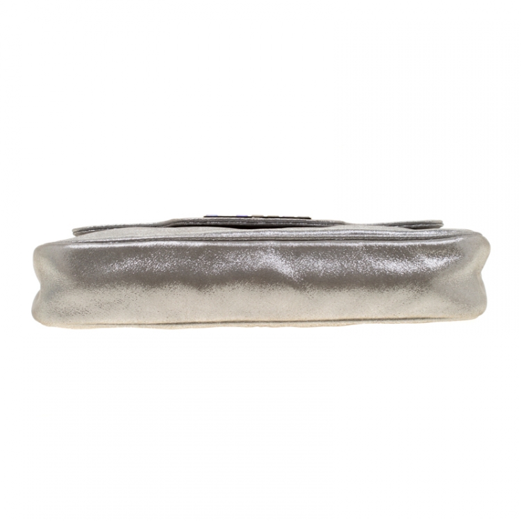 Pre Owned Fendi Silver Metallic Crystal Logo Leather Flap Clutch
