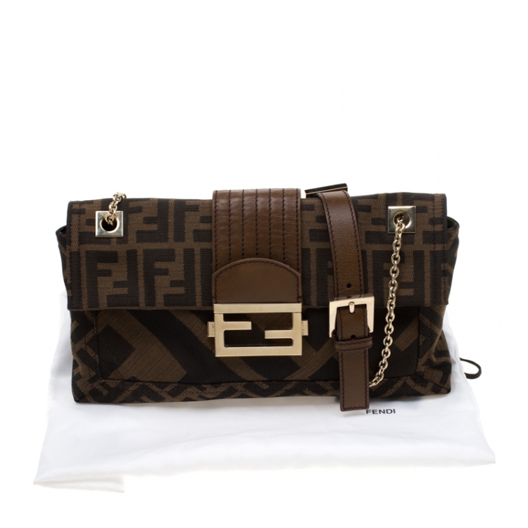 Pre Owned Fendi Brown Zucca Canvas and Leather Baguette Chain Shoulder Bag