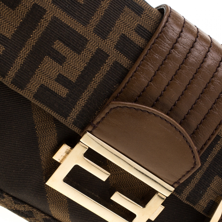Pre Owned Fendi Brown Zucca Canvas and Leather Baguette Chain Shoulder Bag