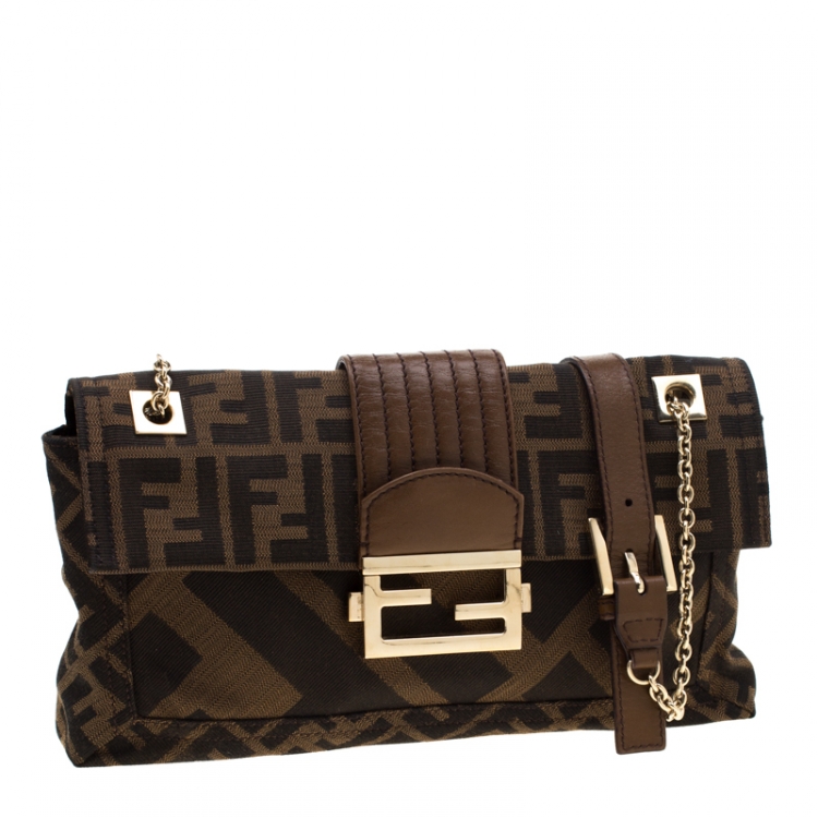 Pre Owned Fendi Brown Zucca Canvas and Leather Baguette Chain Shoulder Bag