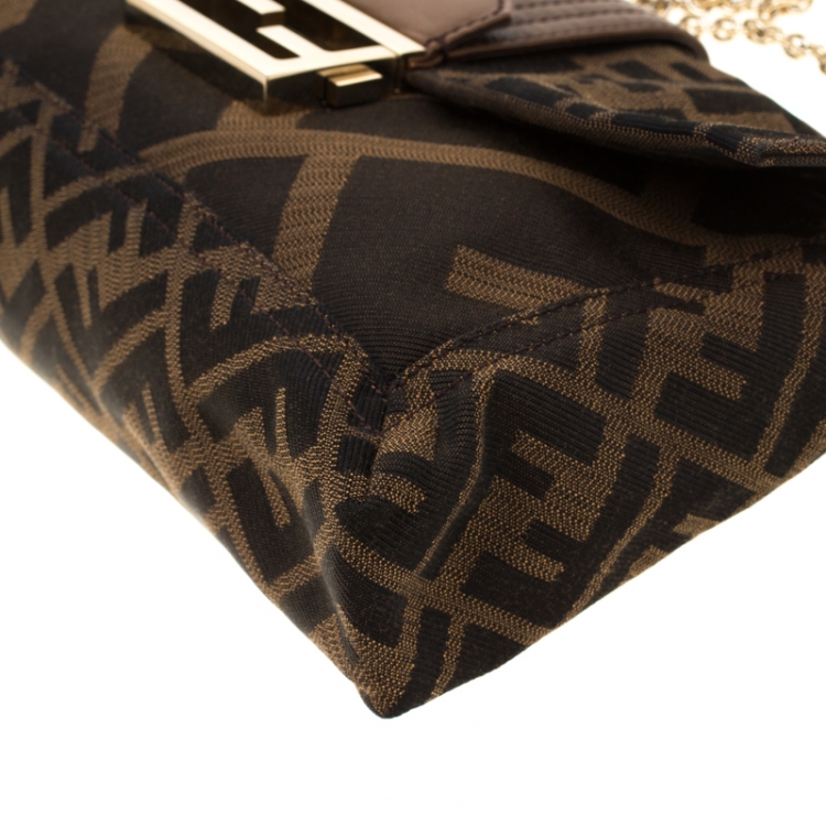Pre Owned Fendi Brown Zucca Canvas and Leather Baguette Chain Shoulder Bag