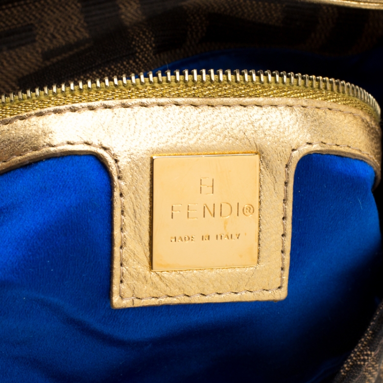 Pre Owned Fendi Brown/Gold Metallic Zucca Palm Trees Embroidered Canvas and Leather Baguette Shoulder Bag