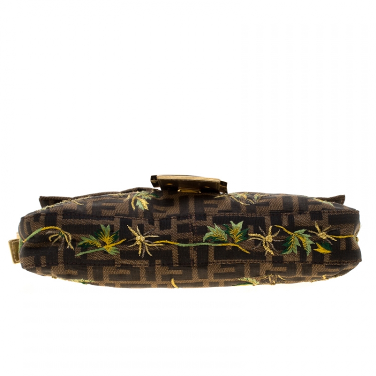 Pre Owned Fendi Brown/Gold Metallic Zucca Palm Trees Embroidered Canvas and Leather Baguette Shoulder Bag