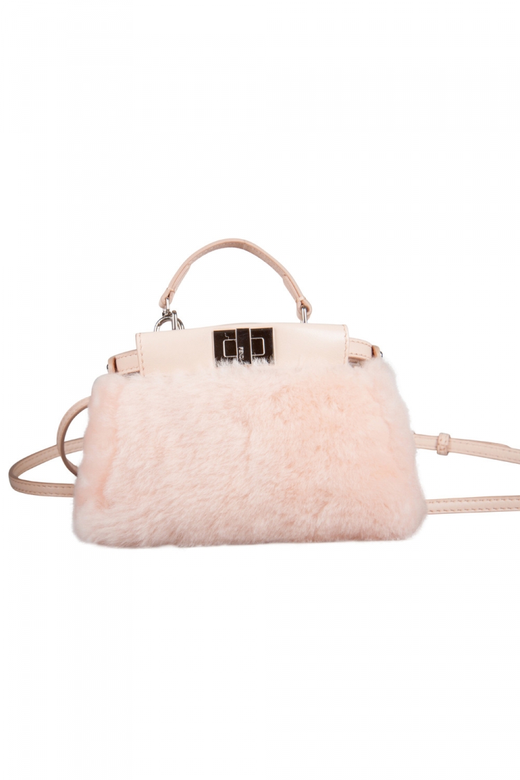 Pre Owned Fendi Peach Sherling Micro Peekaboo Crossbody Bag