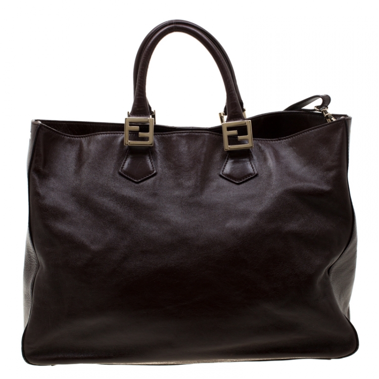 Pre Owned Fendi Dark Brown Leather Twins Shopper Tote