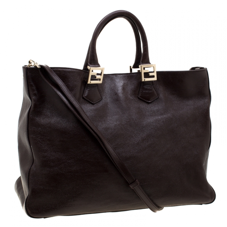 Pre Owned Fendi Dark Brown Leather Twins Shopper Tote