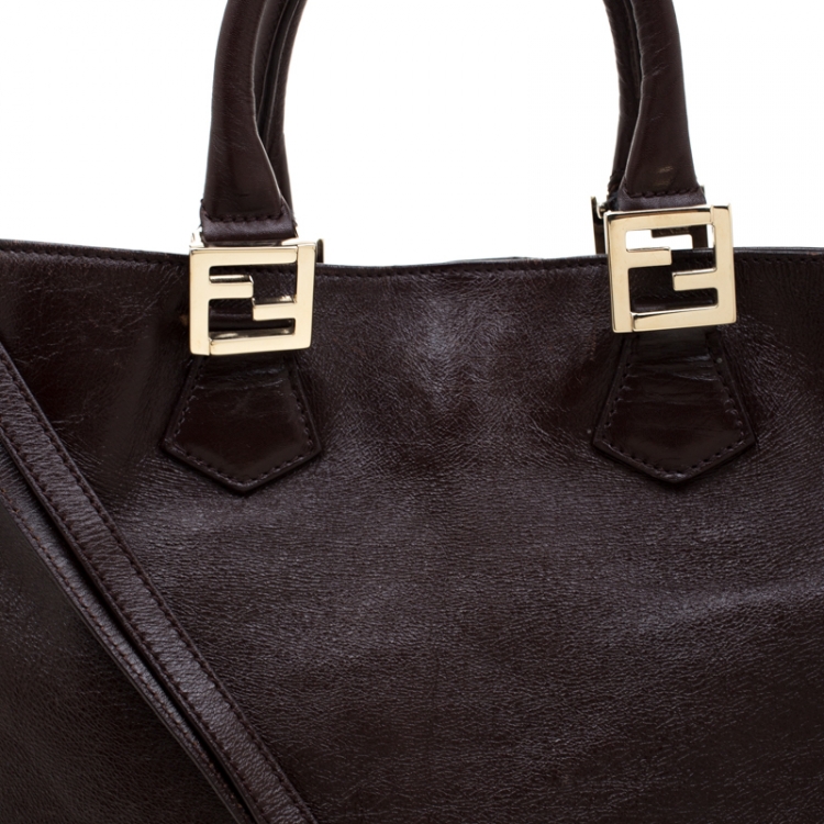 Pre Owned Fendi Dark Brown Leather Twins Shopper Tote