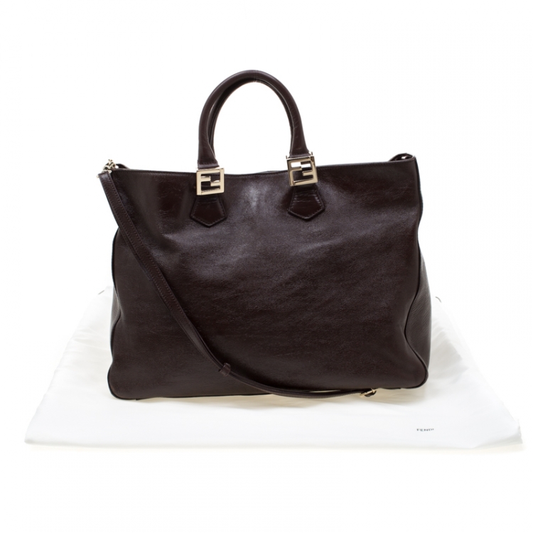 Pre Owned Fendi Dark Brown Leather Twins Shopper Tote