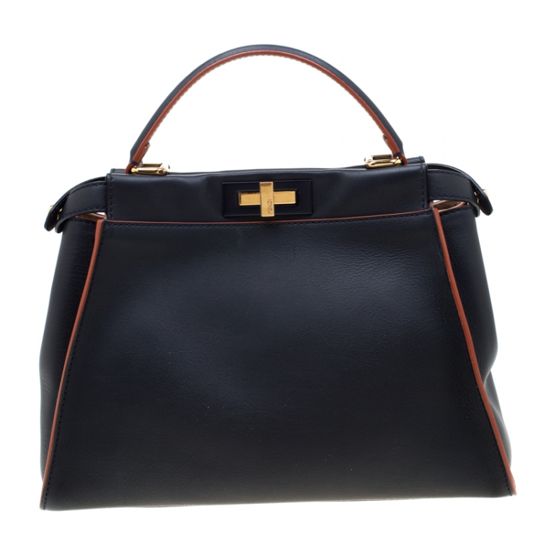 مملوكة مسبقًا Fendi  Navy Blue Leather Medium Peekaboo Top Handle Bag