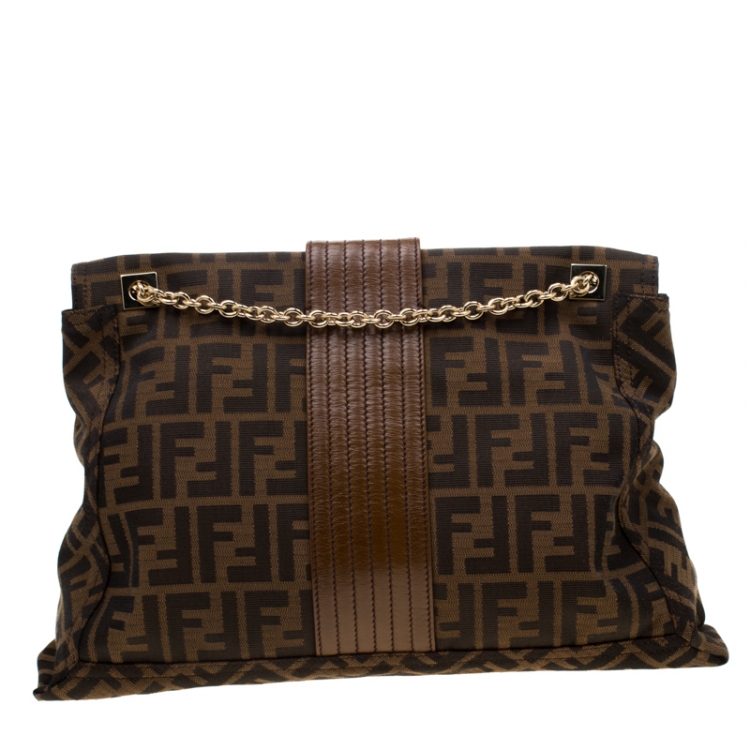 Pre Owned Fendi Tobacco Zucca Canvas Maxi Baguette Flap Shoulder Bag