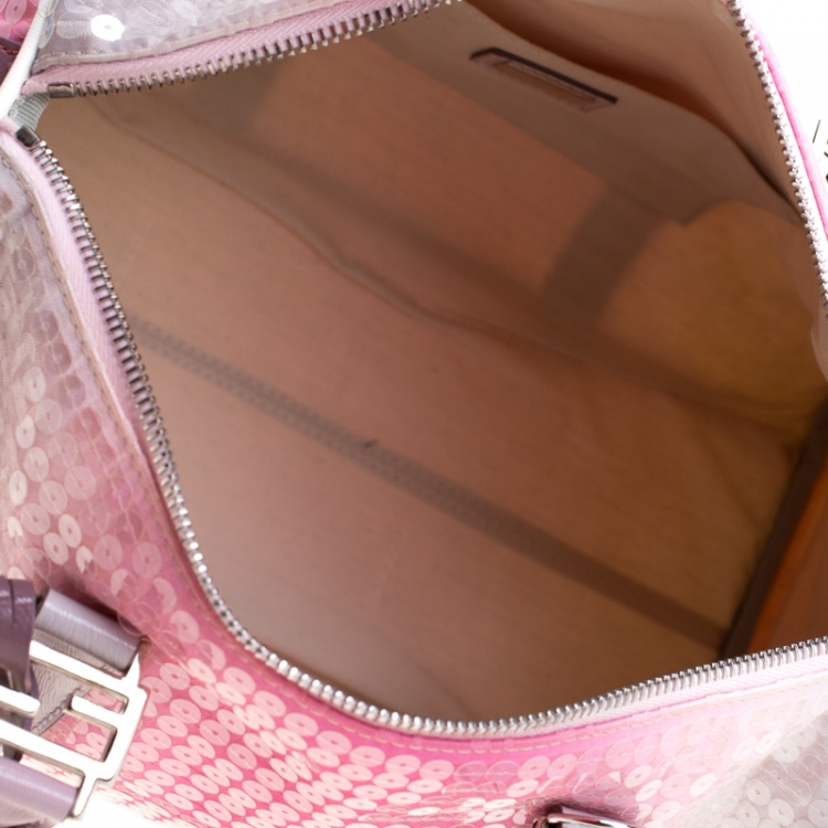 Pre Owned Fendi Pink/Grey Zucchino Sequin Canvas and Leather Bauletto Boston Bag