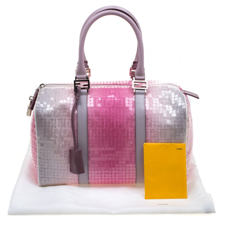 Pre Owned Fendi Pink/Grey Zucchino Sequin Canvas and Leather Bauletto Boston Bag