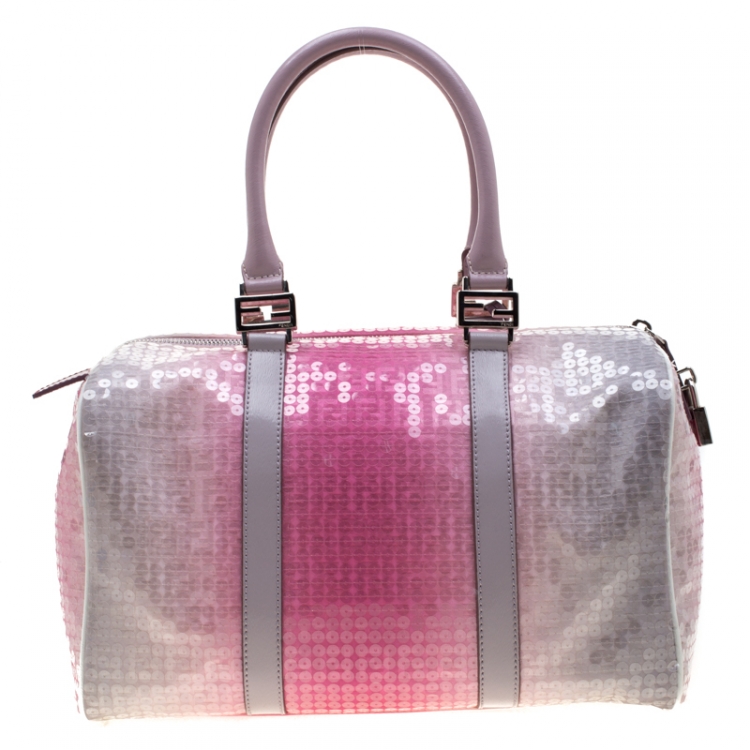 Pre Owned Fendi Pink/Grey Zucchino Sequin Canvas and Leather Bauletto Boston Bag