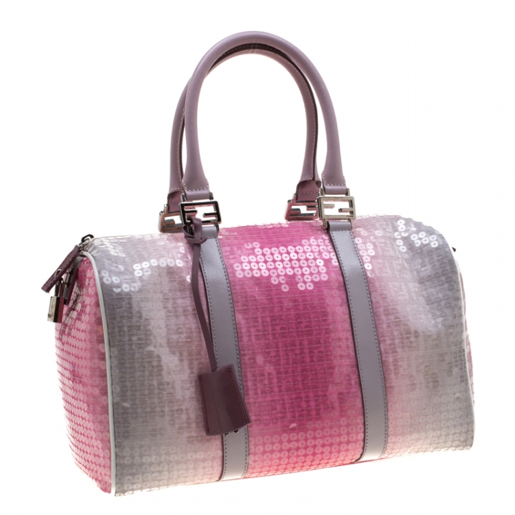 Pre Owned Fendi Pink/Grey Zucchino Sequin Canvas and Leather Bauletto Boston Bag