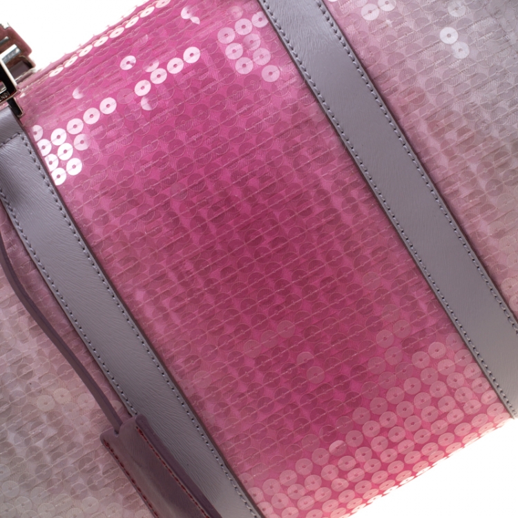 Pre Owned Fendi Pink/Grey Zucchino Sequin Canvas and Leather Bauletto Boston Bag