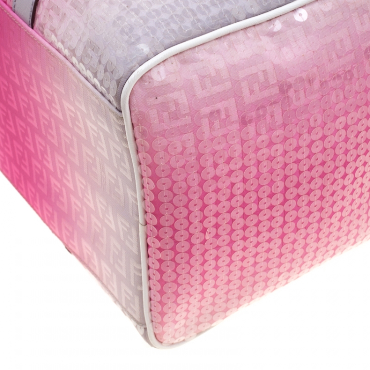 Pre Owned Fendi Pink/Grey Zucchino Sequin Canvas and Leather Bauletto Boston Bag
