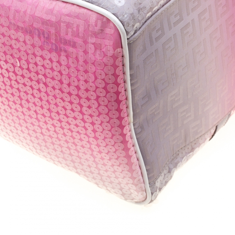 Pre Owned Fendi Pink/Grey Zucchino Sequin Canvas and Leather Bauletto Boston Bag