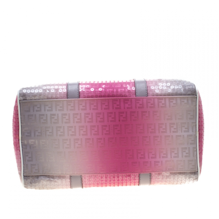 Pre Owned Fendi Pink/Grey Zucchino Sequin Canvas and Leather Bauletto Boston Bag