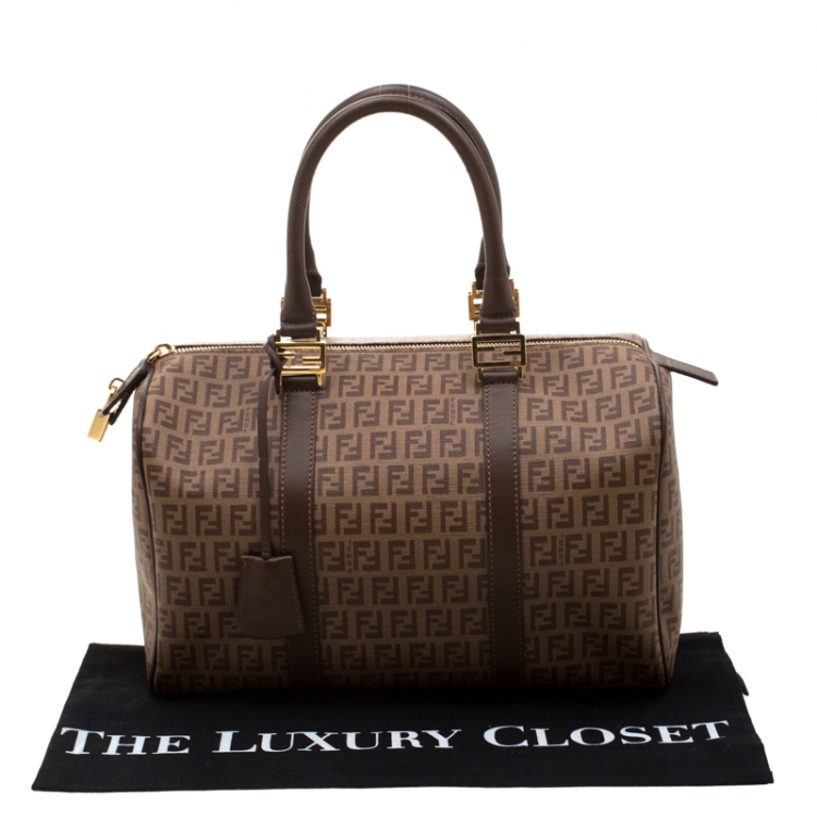 Pre Owned Fendi Brown Zucchino Coated Canvas Medium Forever Bauletto Boston Bag