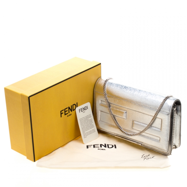 Pre Owned Fendi Metallic Silver Leather Tube Wallet On Chain 