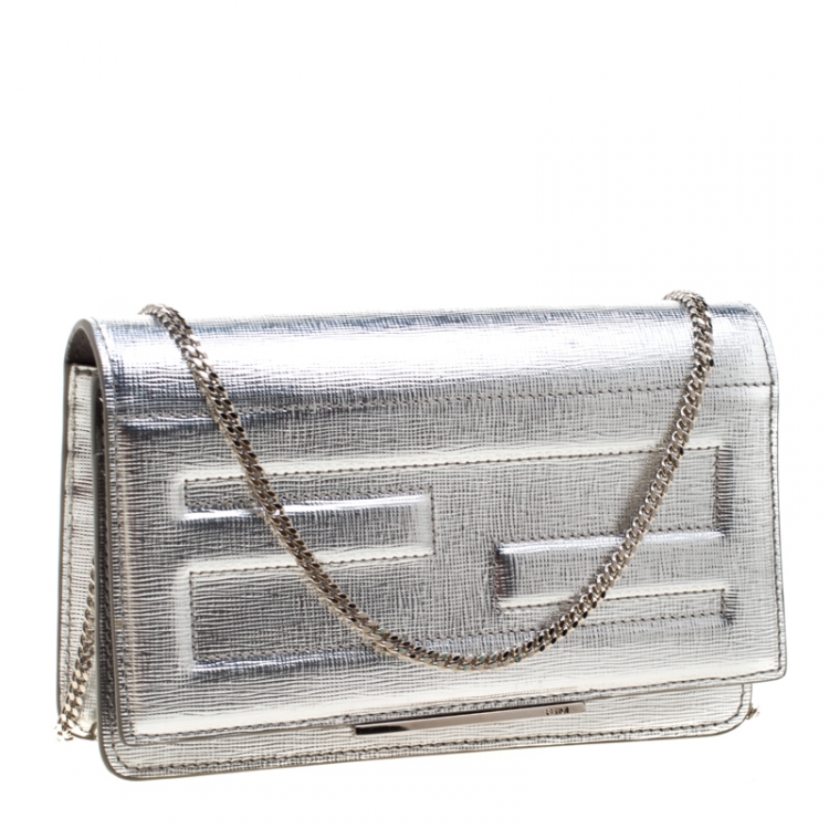 Pre Owned Fendi Metallic Silver Leather Tube Wallet On Chain 