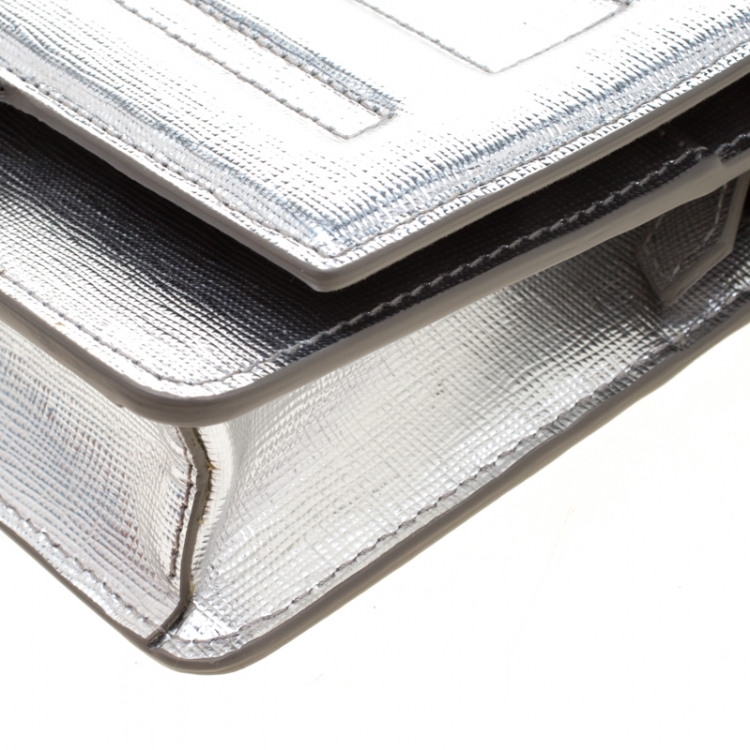 Pre Owned Fendi Metallic Silver Leather Tube Wallet On Chain 