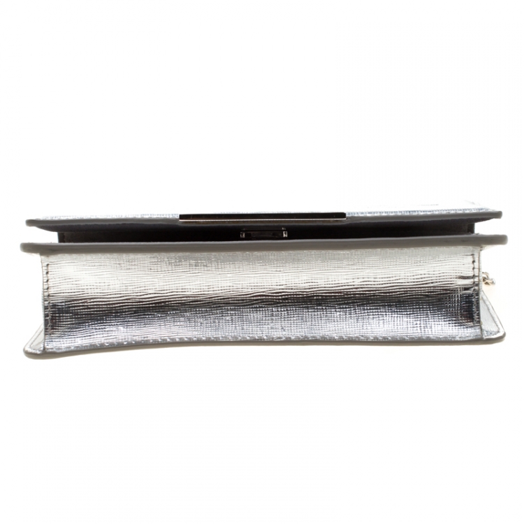 Pre Owned Fendi Metallic Silver Leather Tube Wallet On Chain 