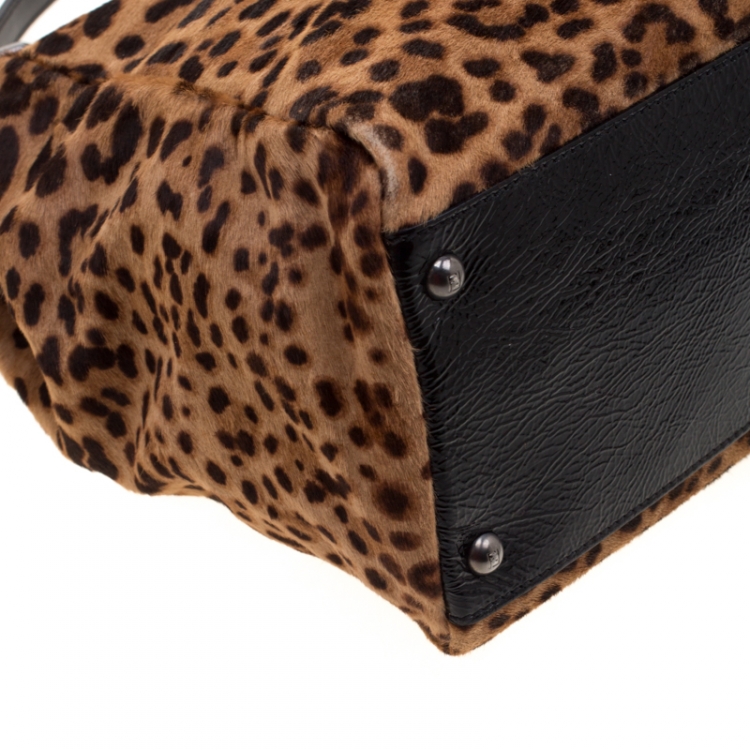 مملوكة مسبقًا Fendi Brown/Black Leopard Print Calfhair Large Peekaboo Top Handle Bag
