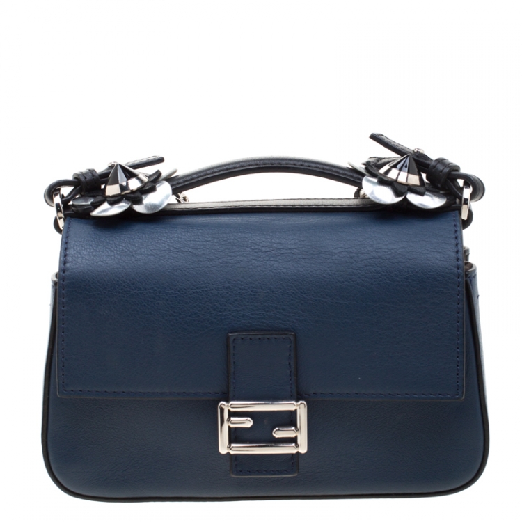 Pre Owned Fendi Blue/Black Leather Double Micro Baguette Bag