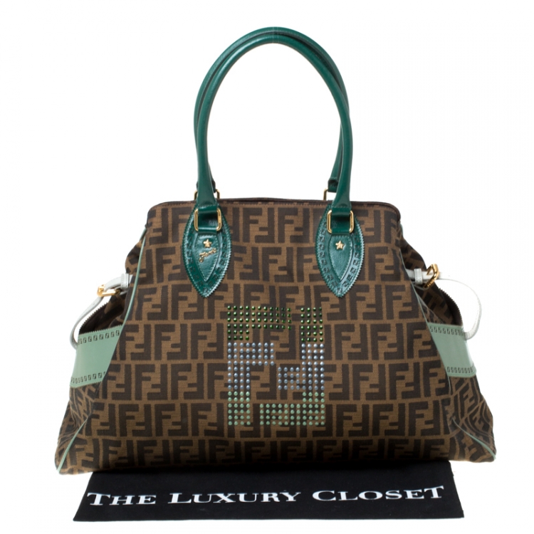 Pre Owned Fendi Brown/Green Zucca Canvas and Leather Studded Large De Jour Bag