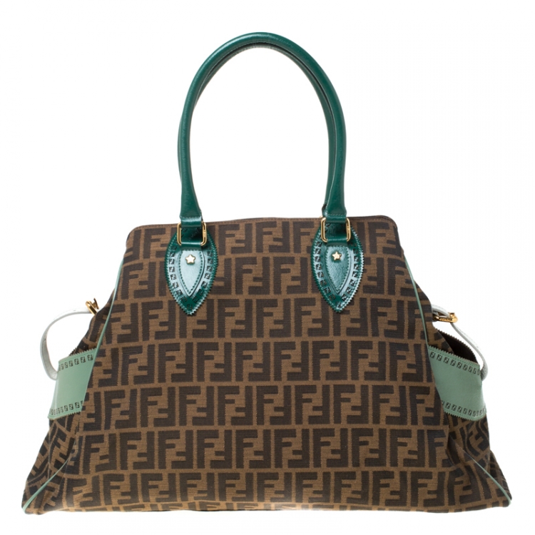 Pre Owned Fendi Brown/Green Zucca Canvas and Leather Studded Large De Jour Bag