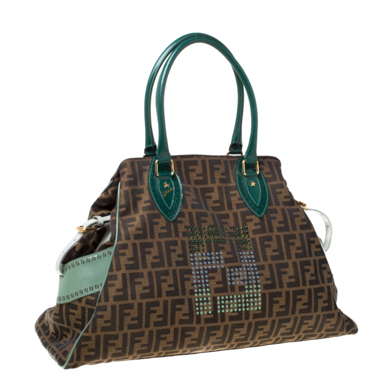 Pre Owned Fendi Brown/Green Zucca Canvas and Leather Studded Large De Jour Bag