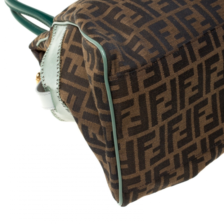 Pre Owned Fendi Brown/Green Zucca Canvas and Leather Studded Large De Jour Bag