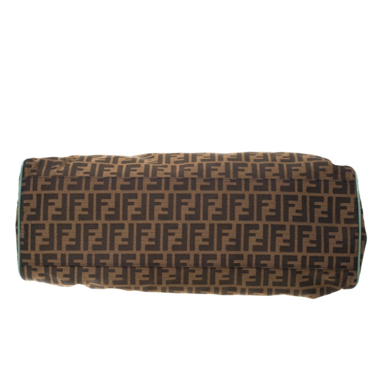 Pre Owned Fendi Brown/Green Zucca Canvas and Leather Studded Large De Jour Bag
