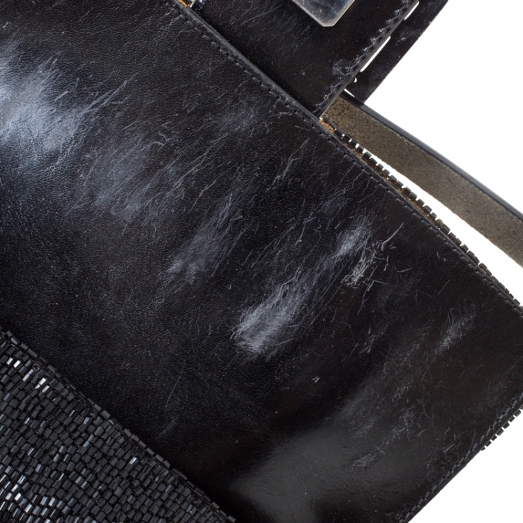 Pre Owned Fendi Black Beads and Leather Baguette Shoulder Bag