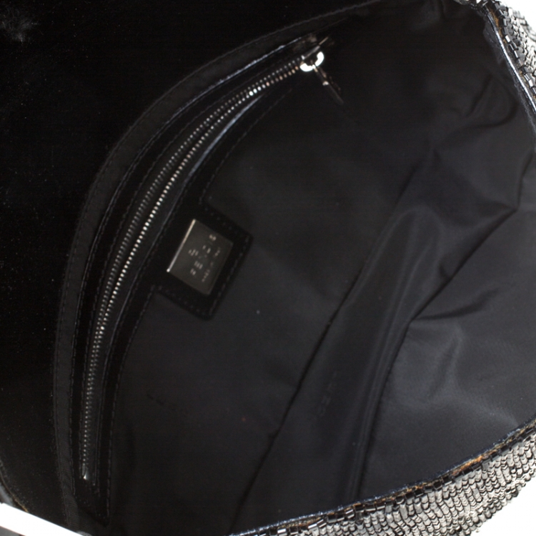 Pre Owned Fendi Black Beads and Leather Baguette Shoulder Bag