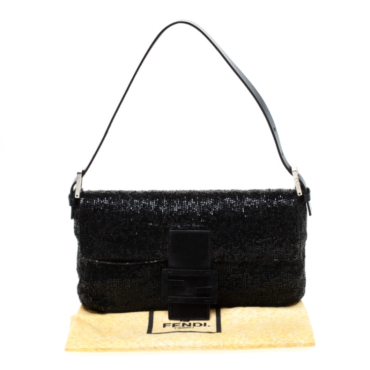 Pre Owned Fendi Black Beads and Leather Baguette Shoulder Bag
