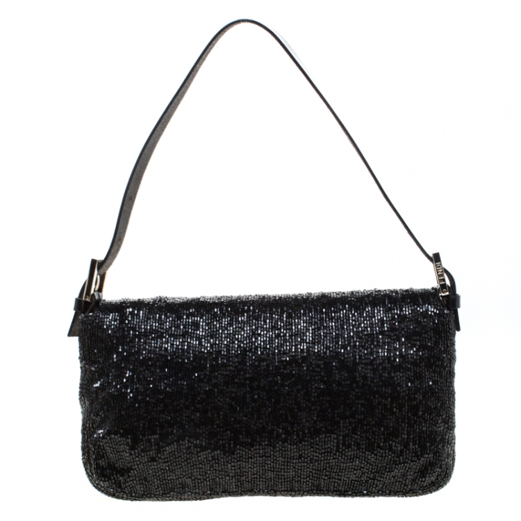 Pre Owned Fendi Black Beads and Leather Baguette Shoulder Bag