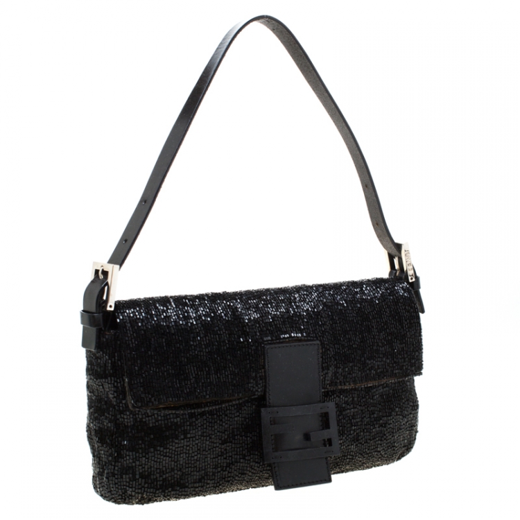 Pre Owned Fendi Black Beads and Leather Baguette Shoulder Bag