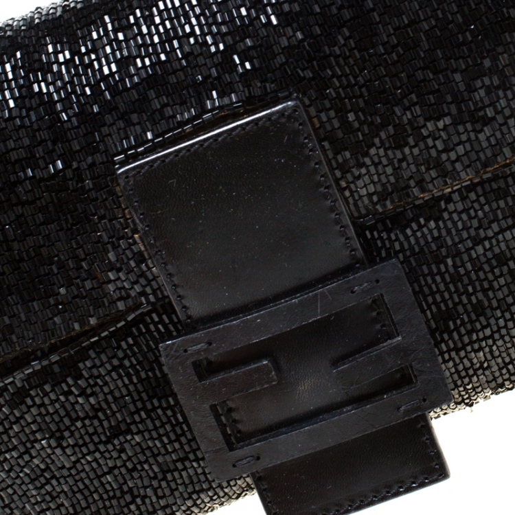 Pre Owned Fendi Black Beads and Leather Baguette Shoulder Bag