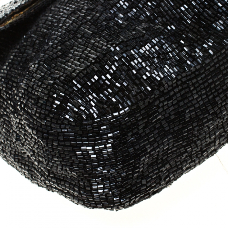 Pre Owned Fendi Black Beads and Leather Baguette Shoulder Bag