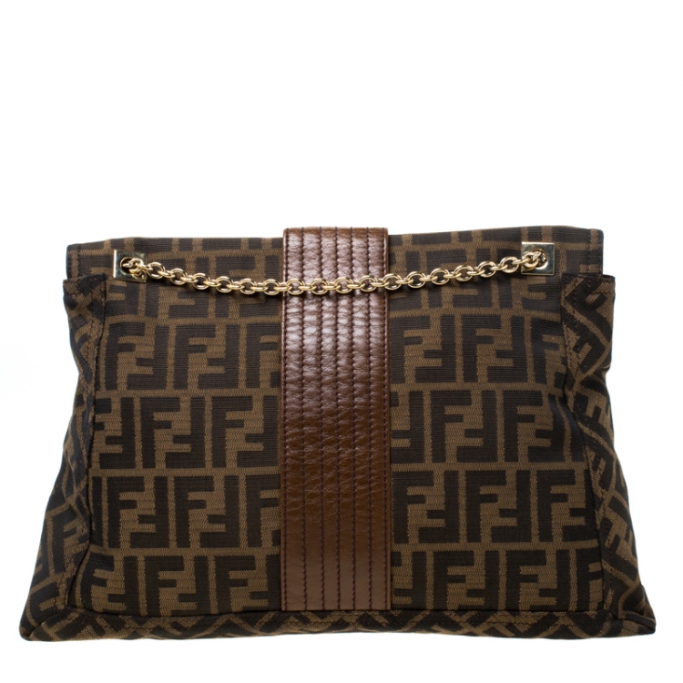 Pre Owned Fendi Tobacco Zucca Canvas Maxi Baguette Flap Shoulder Bag