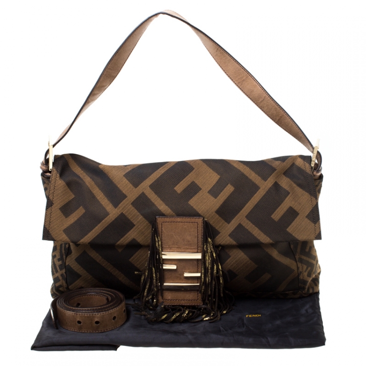 Pre Owned Fendi Brown Zucca Canvas and Leather Baguette Shoulder Bag