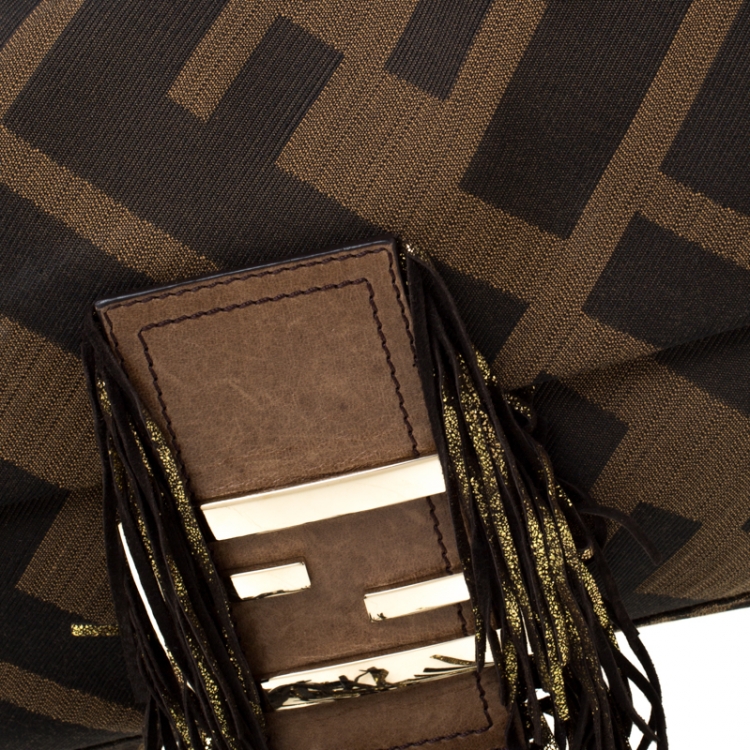 Pre Owned Fendi Brown Zucca Canvas and Leather Baguette Shoulder Bag