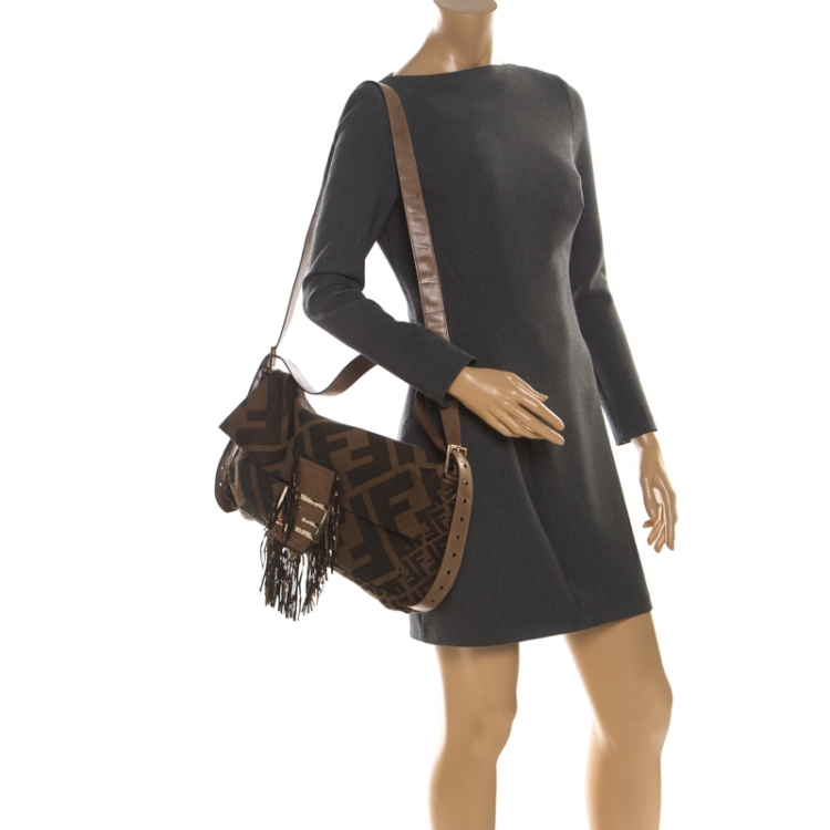 Pre Owned Fendi Brown Zucca Canvas and Leather Baguette Shoulder Bag