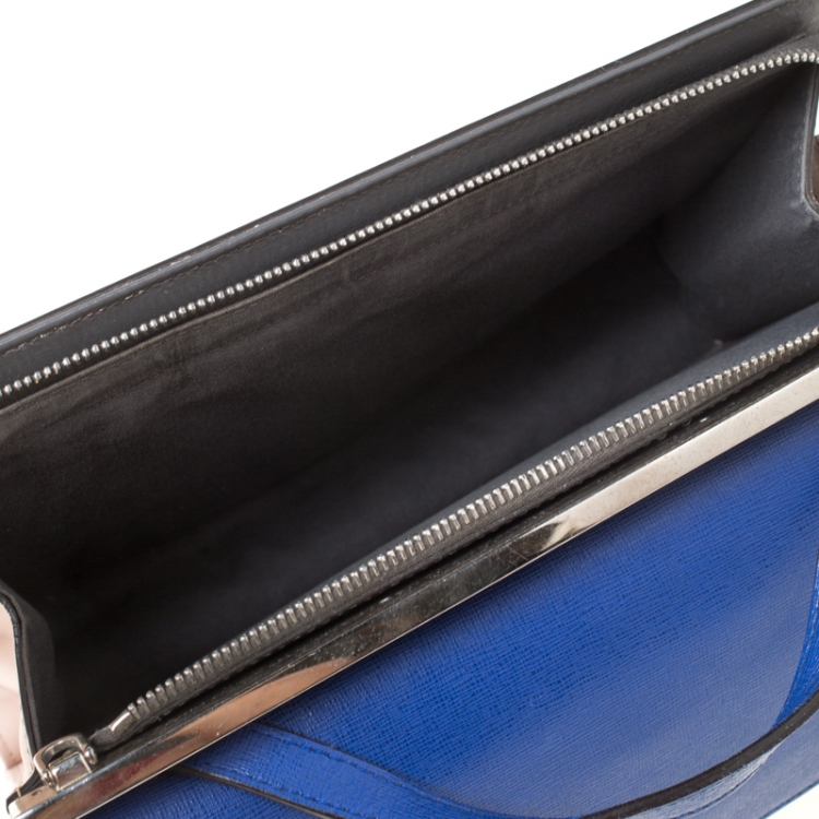 Pre Owned Fendi Beige/Blue Textured Leather Small Demi Jour Top Handle Bag